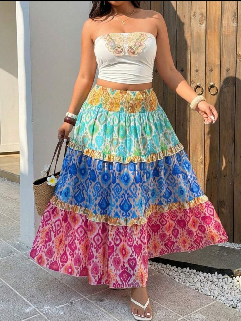 Plus Size Boho Floral Print Tiered Multi-Layer Flowy Skirt
